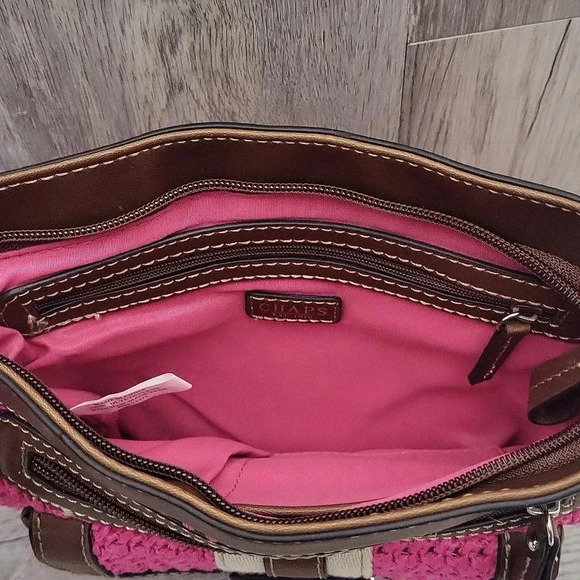 Chaps‎ Pink Brown Woven Faux Leather Multi Pocket Crossbody Bag - Picture 9 of 16